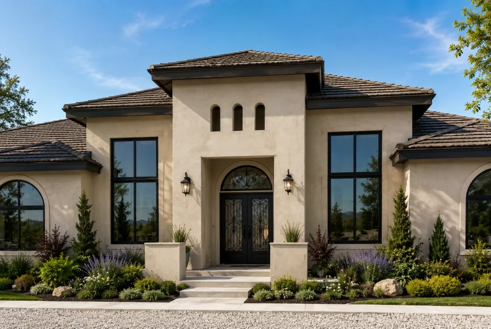 Tan stucco home with tall black steel windows and an arched black iron double front door